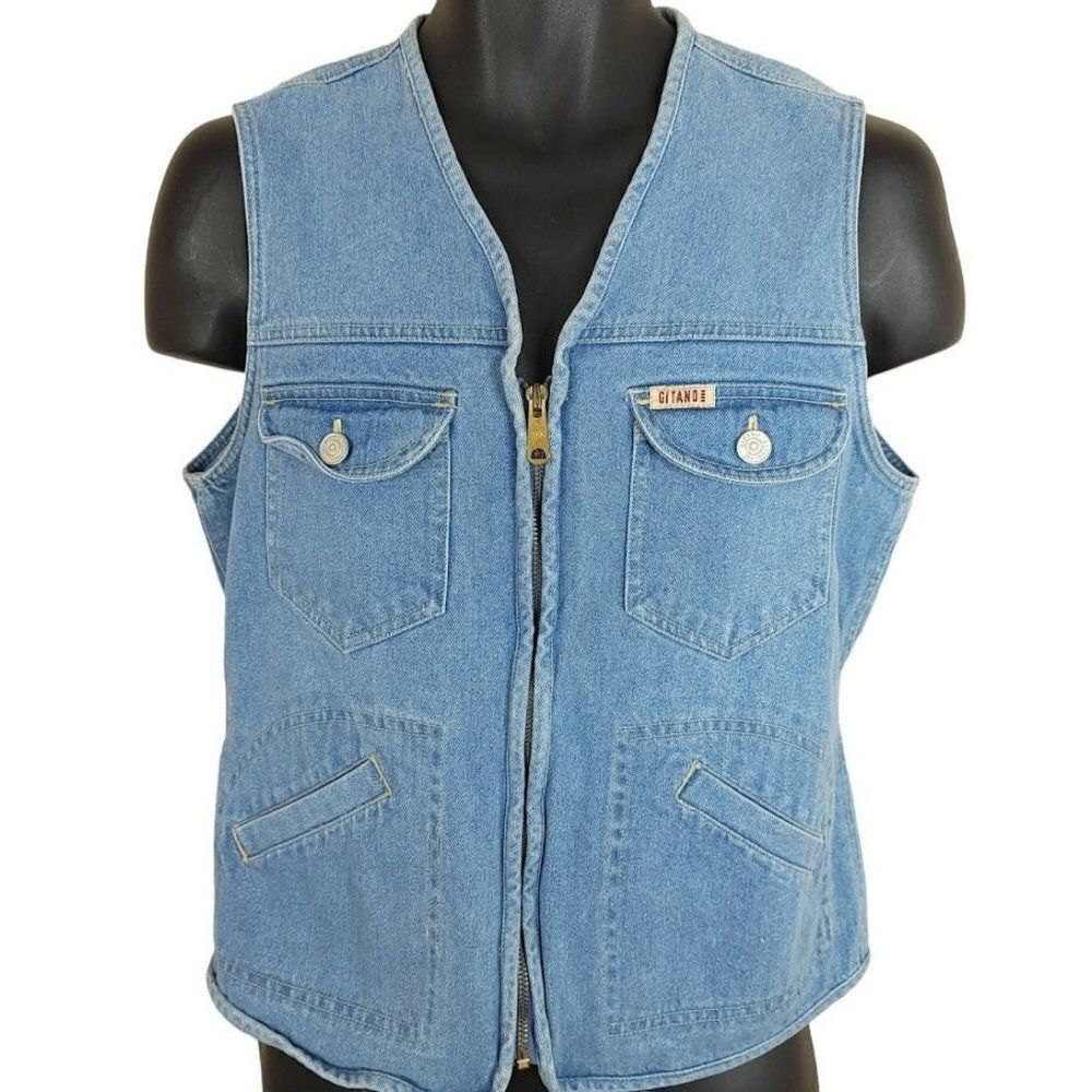 Gitano Jeans Denim Vest Vintage 80s Zip Up Womens Size Medium